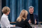 Caren Miosga, Melanie Amann (stellvertretende Chefredakteurin „Der Spiegel“) und Markus Söder (Ministerpräsident von Bayern und CSU-Parteivorsitzender, v. l. n. r.).