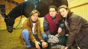 Stefan (Sigmar Solbach, l.) untersucht Manuel (David Lütgenhorst, lieg.), der vom Pferd gefallen ist. Der Reitlehrer (Stefan Zimmermann) und Manuels Mutter (Silvia Rachor) sind entsetzt.