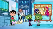 v.li.: Robin, Cyborg, Beast Boy, Beast Girl, Raven, Starfire