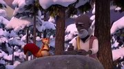 Druide Homnius (rechts) und Eichhörnchen Ryllo (links) wollen mit Hilfe der Kraft der Natur versuchen, die royale Kutsche zu stoppen. Dazu stellt Homnius aus allerhand Pflanzen ein Nebelpulver her, dass die Umgebung in dichte Nebelschwaden tauchen soll.