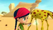 Wissper - Plagegeister - Gertie juckt es gewaltig in ihrem Fell und Otis ist nicht da, um sie von den beißenden Insekten zu befreien. Wissper schlägt vor, dass Gertie ein Bad nimmt, aber Giraffen baden nicht. Peggy bespritzt Gertie mit Wasser, aber die Erleichterung hält nur kurz an. Wissper ruft Dan, der sich mit Entspannung und Fellpflege bestens auskennt. Doch auch Dans Krallen können die lästigen Plagegeister nicht vertreiben. Da hat Wissper eine andere Idee.