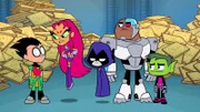 v.li.: Robin, Starfire, Raven, Cyborg, Beast Boy