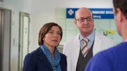 Katrin Börensen (Claudia Schmutzler, l.) befragt das Krankenhauspersonal, Prof. Rossmann (Christian Schneller, M.) und Anton Stark (André Röhner, r.), im Fall des Verschwindens von Henriette Schäfer.