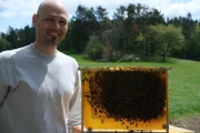 Imker Patrick Konlechner mit einer aufheizbaren Bienenwabe