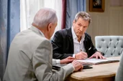 Christoph (Dieter Bach, r., mit Dirk Galuba, l.) unterschreibt den Vertrag.