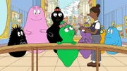 Vorne, l.: Barbalala. Hinter, v.li.: Barbabo, Barbapapa, Barbamama, Barbabella, Barbasophie, Barbahelle.