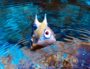 Kuhkofferfisch "Erbse" aus dem Allwetterzoo Münster freut sich über sauberes Wasser in seinem Aquarium.