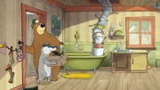 Dr. Brumm kommt mit Dachs vom Einkaufen zurück.