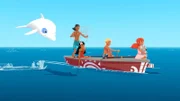 Auru (v.l.), Timeti, Yann, Marina und Koala Raoul sind zusammen mit Zoom auf dem Meer unterwegs, um Fische zu fangen. Sie wollen das Wettfischen gegen die Nachbarinsel gewinnen.