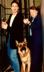 "Kommissar Rex", "Brudermord." Der Tote wird als Hans Tomek, ein junger erfolgreicher Banker, identifiziert. Doch bei den Nachforschungen stoßen sie auf eine Person, die zunächst glaubhaft vorgibt Hans Tomek zu sein.Im Bild (v.li.): Gedeon Burkhard (Alexander Brandtner), Heinz Weixelbraun (Christian Böck).