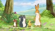 Der kleine braune Hase und seine Freunde mögen "Quak" sehr.