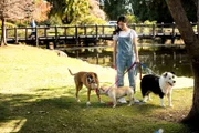 Kyra (Kimie Tsukakoshi) beim Gassi gehen mit den Hunden. Mit Boxerhündin Doris kann sie kommunizieren.