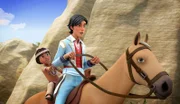 Diego reitet mit Tishi, einem kleinen Jungen vom Stamm der Chumash, in die Berge.