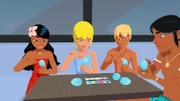 (V.l.:)Timeti, Clarissa, Yann und Auru bemalen eifrig Hühnereier. Sie wollen damit Terence Werner überlisten, der einen seltenen Vogel von ihrer Jacht gestohlen hat.