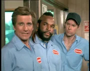 Das A-Team (Dirk Benedict, li., Mr. T und Dwight Schultz, re.) unterstützen dieses Mal einen Abschleppunternehmer.