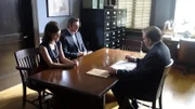 L-R: Virginia Johnson ( Lizzy Caplan ) ,  Dr. William Masters( Michael Sheen ), Dr. Barton Scully ( Beau Bridges )
