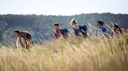 Roberto, Luca, Jana, Yun Soo und Raquel wandern gemeinsam auf dem Camino (von li nach re: Álex González, Andrea Bosca, Anna Schimrigk, Alberto Jo Lee, Verónica Echegui).