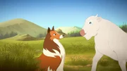 Lassie freundet sich mit dem weißen Büffelkalb (rechts) an.
