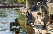 Die freie Tierärztin Dr. Susanne Mertens (Elisabeth Lanz, l.) und Cheftierpfleger Conny Weidner (Thorsten Wolf, r.) wollen die Seelöwin Jenny untersuchen, aber sie macht es den beiden nicht so leicht.