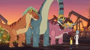 v.li.: Dinosaurier, Morty Smith, Rick Sanchez