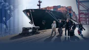 Die fünf Auszubildenden zum nautischen Offizier vor dem Frachtschiff "Chicago Express". Von links: Gweny Backs, Jamie von Bresinski, Ansgar Stark, Sofia Spirgatis und Selina Schwarz