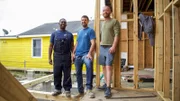 Charles, Evan Thomas and Keith Bynum posed for a photo while working on the foundation and termite shield installation at the Traditional New Orleans House, as seen on Bargain Block New Orleans, Season 1.