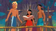 Yann (l.), Timeti (M.) und Auru (r.) suchen in Ramanas Büchern nach dem Rezept für einen Heiltrank.