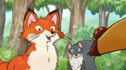 Der kleine braune Hase zeigt all seinen Freunden den kleinen Marienkäfer, der ihm zugeflogen ist.