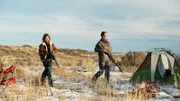 Bear and Rain leave their camp together to hunt pheasant.