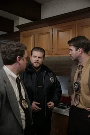 Reconstruction Actor playing Det Rhodes (Brendan Reardon) and Actor playing Det Schnell (Scott Watson) talking to Actor playing PD (Kevin Brodie).