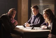 Obwohl sich Kate (Katic Stana, r.) und Castle (Nathan Fillion, M.) sicher sind, dass sie vor einem Massenmörder sitzen, können sie Jerrys (Michael Mosley, l.) Identität nicht beweisen ...