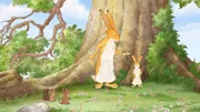 Der große Hase und die Freunde des kleinen Hasen stellen fest, dass der kleine Hase gewachsen ist.