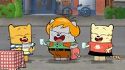 Tante Schnurr, Ollie und Moon trinken Zitronenlimonade.