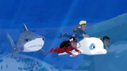 Timeti (l.), Yann (M.) und Auru (r.) eilen zusammen mit Zoom dem in seinem U-Boot in Not geratenen Onkel Patrick zu Hilfe. Leider taucht in diesem Moment auch der nicht ungefährliche Hai Rahi auf.