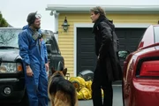 L-R: Rex (DIESEL VOM BURGIMWALD) and Charlie (JOHN REARDON) speak to the exterminator (ROB MONETTE)
