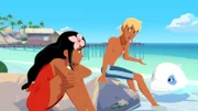 Timeti (l.), Yann (M.) und Zoom (r.) rätseln, wohin all der Sand verschwunden sein könnte, der plötzlich in der Lagune fehlt.