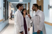 Dr. Sherbaz (Sanam Afrashteh, M.), Dr. Ahrend (Roy Peter Link, l.)und Dr. Moreau (Mike Adler, r.) unterhalten sich über die Ausschreibung für die neue Oberarztstelle. Soll Dr. Loosen wirklich abtreten?
