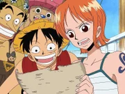 Nami (re.) sieht sich die Karte genau an. Lysop (li.), Chopper (oben) und Ruffy sind ganz neugierig...
