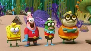 L to R Tom Kenny as the voice of SpongeBob Square Pants, Bill Fagerbakke as the voice of Patrick Star, Carlos Alazraqui as the voice of Harvey and Dee Bradley Baker as the voice of Bubble Bass in KAMP KORAL: SPONGEBOB’S UNDER YEARS. Photo credit: Nickelodeon/Paramount+ © 2024, All Rights Reserved.