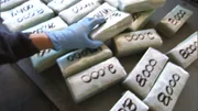 Nogales, AZ: CBP officer taking packages of cash out of a car. On one search, U.S. Customs and Border Protection agents located weapons adn sixty-nine packages of smuggled goods.