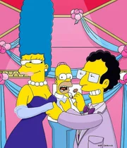 Als Marges (l.) steinreicher Ex-Freund Artie (r.) Homer (M.) eine Million Dollar für ein Wochenende mit seiner Frau anbietet, nimmt dieser in seiner Geldgier das unmoralische Angebot an.