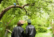 Polizeiobermeister Franz Hubert (Christian Tramitz, l.) und Polizeiobermeister Johannes Staller (Helmfried von Lüttichau, r.) versuchen einen entflogenen Papagei einzufangen.