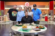Gruppenfoto mit Kandidaten von links: Torben Lippert, Regina Murphy, Vishi Parameswaran, Marcel Kleewein, Moderatorin Cornelia Poletto (2.v.l.) und Juror Fabio Haebel (M.).