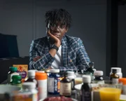 Dr. Ronx Ikharia mit Nahrungsergänzungspräparaten