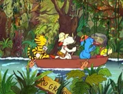 Auf dem Rio Grande rudern der kleine Tiger, Buddelforscher Stanislaus Stups, Antje und Schlter zum geheimnisvollen Tempel der Azteken.