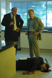 Ein Footballspieler, der seine Ehefrau erstochen haben soll, wird mit einem Fleischerbeil ermordet. Detective Frank Tripp (Rex Linn, l.) und Lt. Horatio Caine (David Caruso, r.) übernehmen die Ermittlungen ...