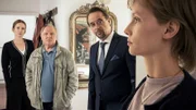 Konfrontation, v.li.: Adina Vetter als Solveig Menke, Axel Prahl als Kommissar Frank Thiel, Jan Josef Liefers als Prof. Karl-Friedrich Boerne, Meira Durand als Meira Durand