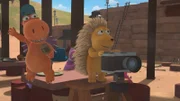 Kokosnuss, Matilda und Oskar drehen das Bewerbungsvideo für Chef. Dabei arbeiten sie mit ein paar Tricks, um das Ergebnis zu beeinflussen.