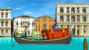 Ollie, Moon und Stanley auf einem Boot in Venedig.