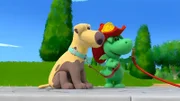 Will Grisu den verschmutzten Hund Dinki etwa mit dem Feuerwehrschlauch abspritzen?
